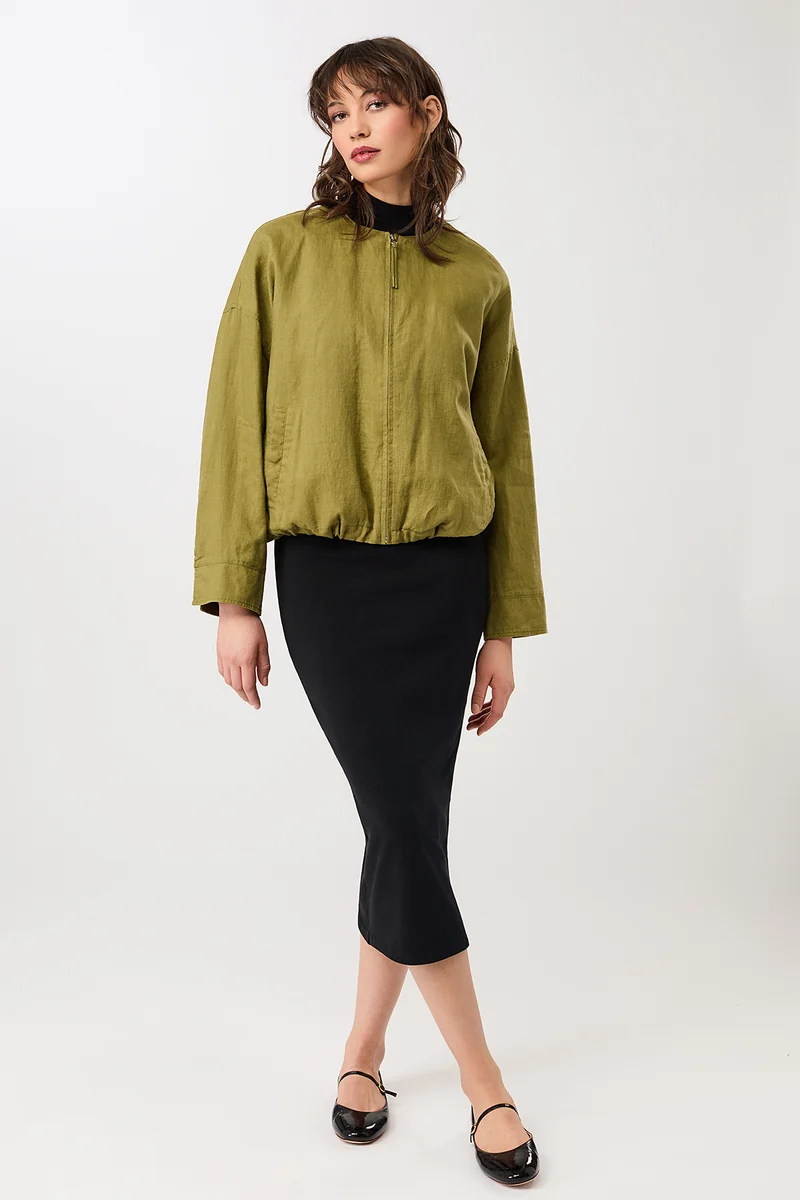 Rundhals Bomberjacke mit Leistentasche (Green Olive)