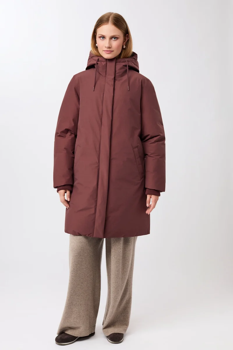 Lange Jacke mit Kapuze und Eco Daune (Burgundy)