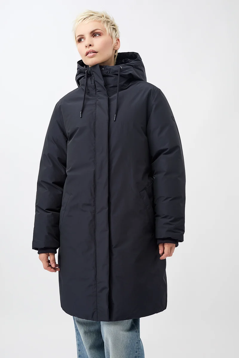 Lange Jacke mit Kapuze und Eco Daune (Navy)