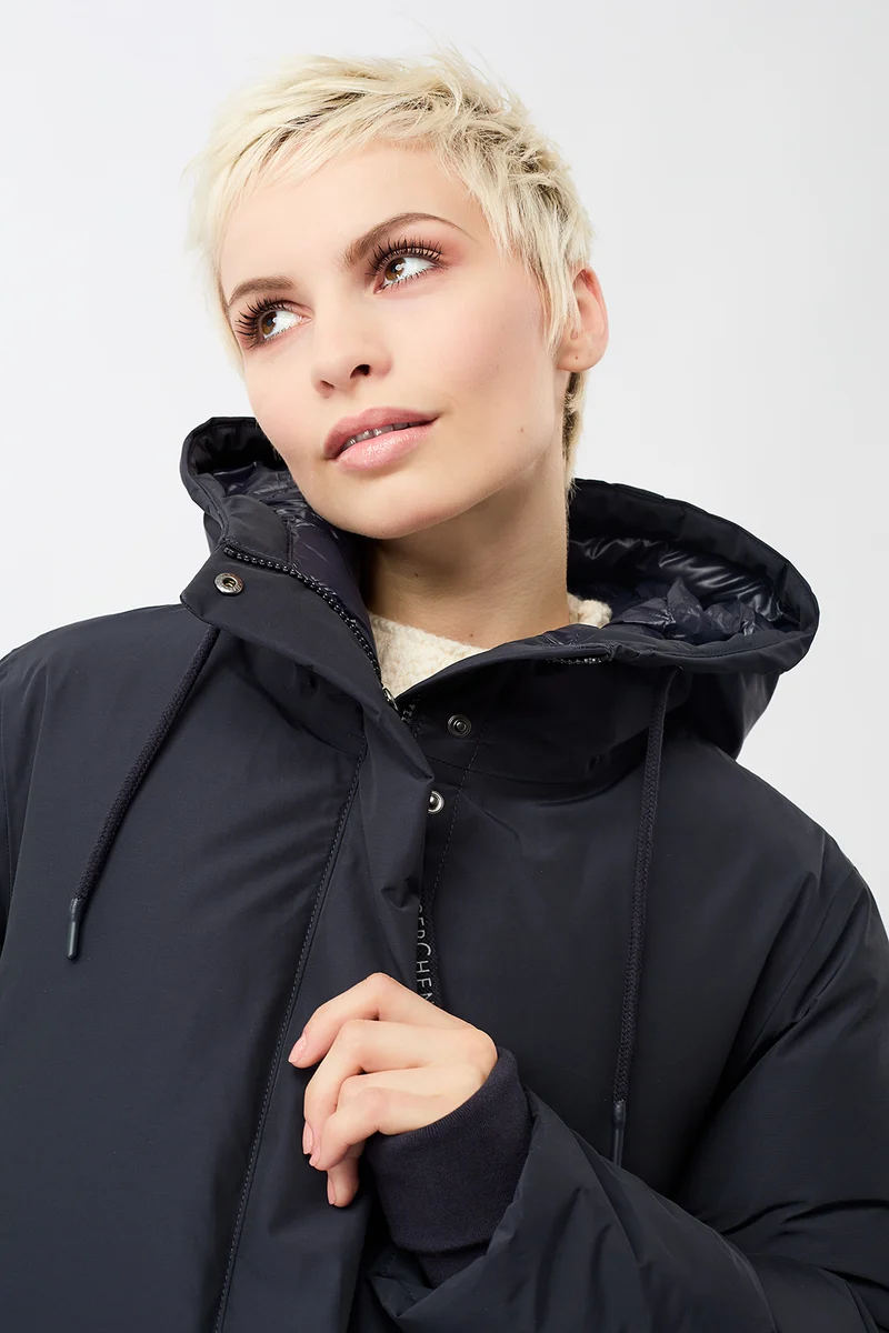 Lange Jacke mit Kapuze und Eco Daune (Navy)