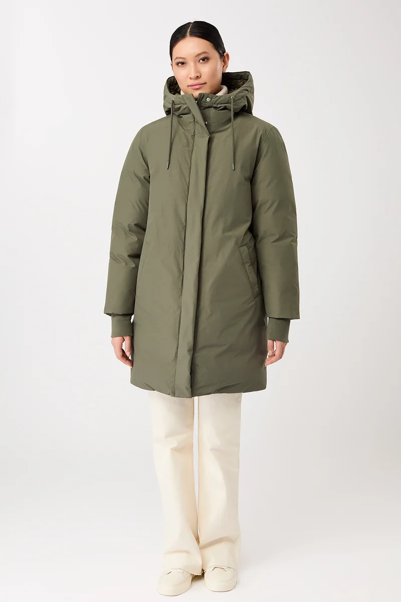Lange Jacke mit Kapuze und Eco Daune (Sencha)