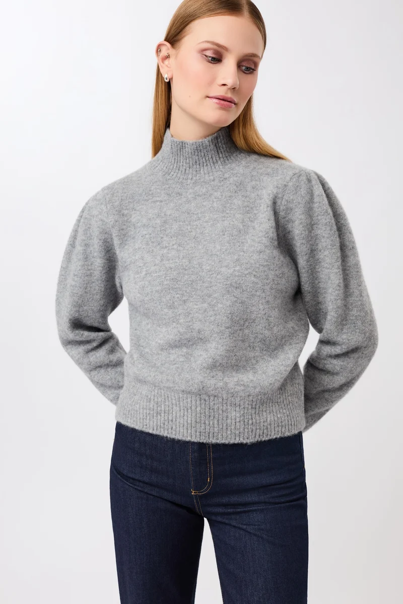 Modischer Stickpullover mit Raffung an Schulter (Grey Melange)