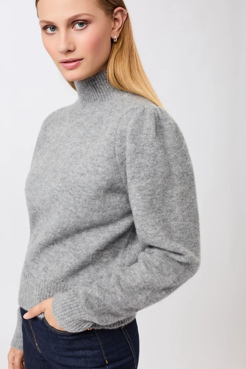 Modischer Stickpullover mit Raffung an Schulter (Grey Melange)