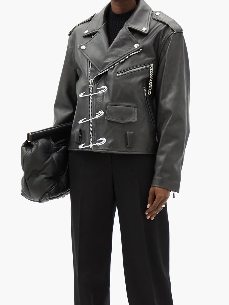 Safety-pin leather biker jacket
