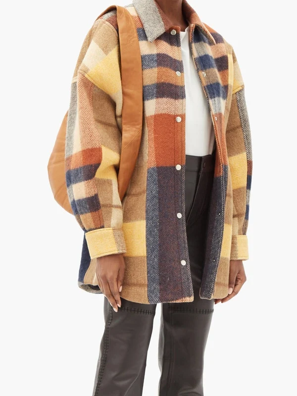 Upcycled checked wool-panelled shirt jacket