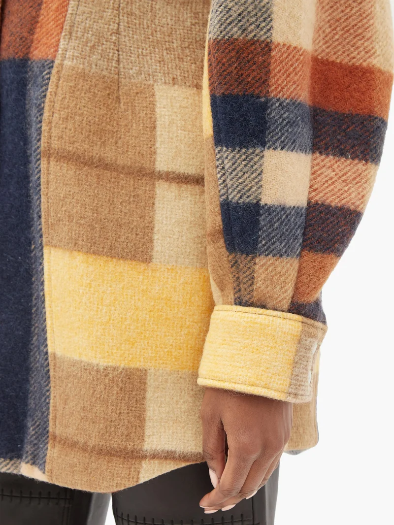 Upcycled checked wool-panelled shirt jacket