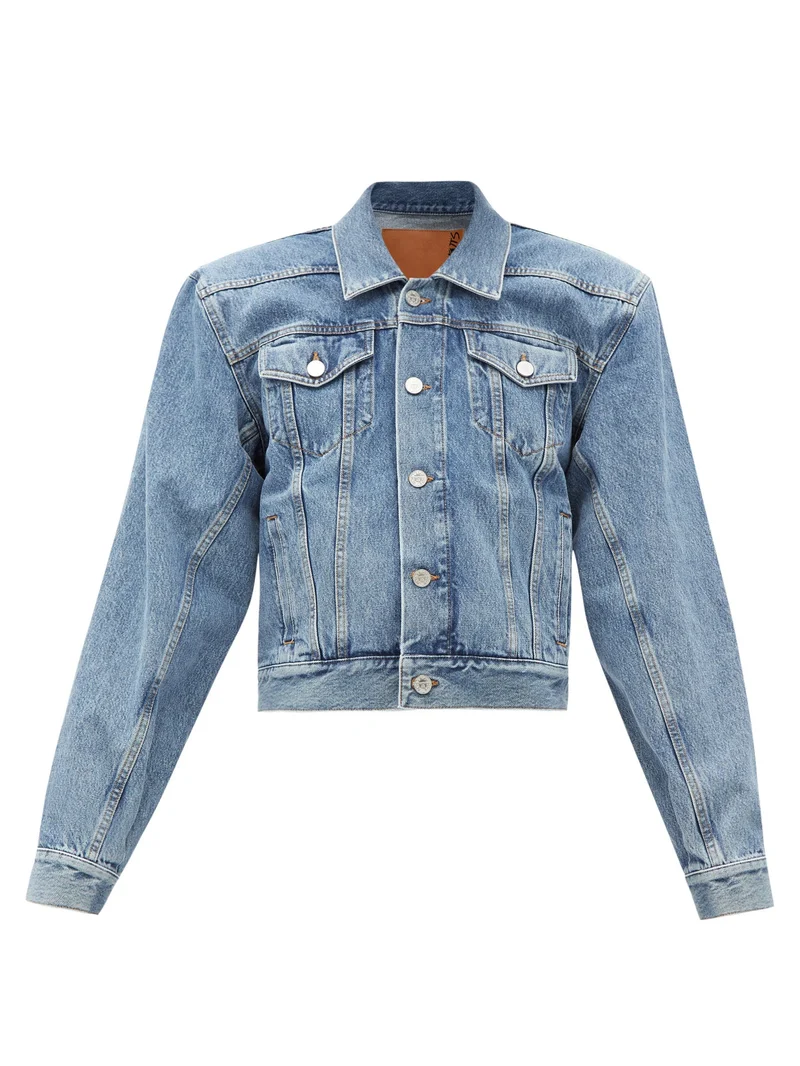 Padded-shoulder logo-collar denim jacket