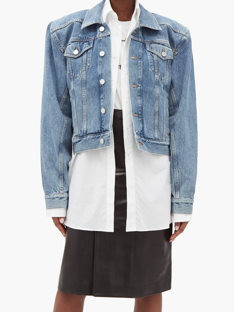 Padded-shoulder logo-collar denim jacket