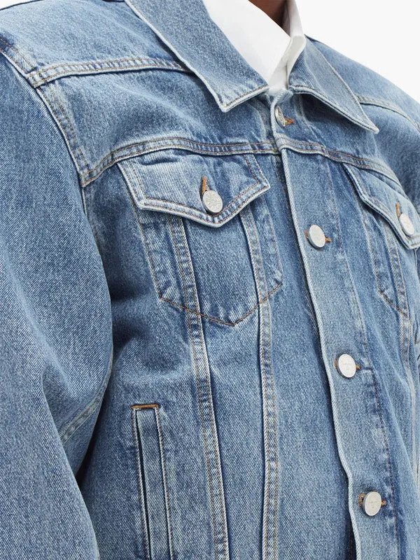Padded-shoulder logo-collar denim jacket