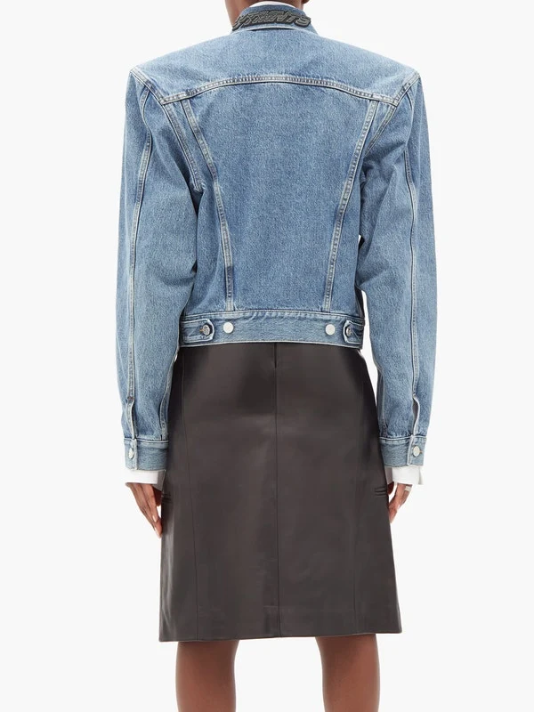 Padded-shoulder logo-collar denim jacket