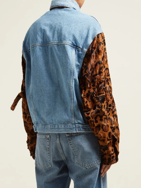 Leopard-sleeve denim jacket