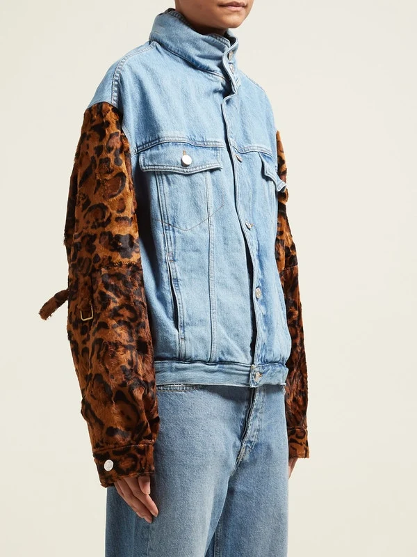 Leopard-sleeve denim jacket