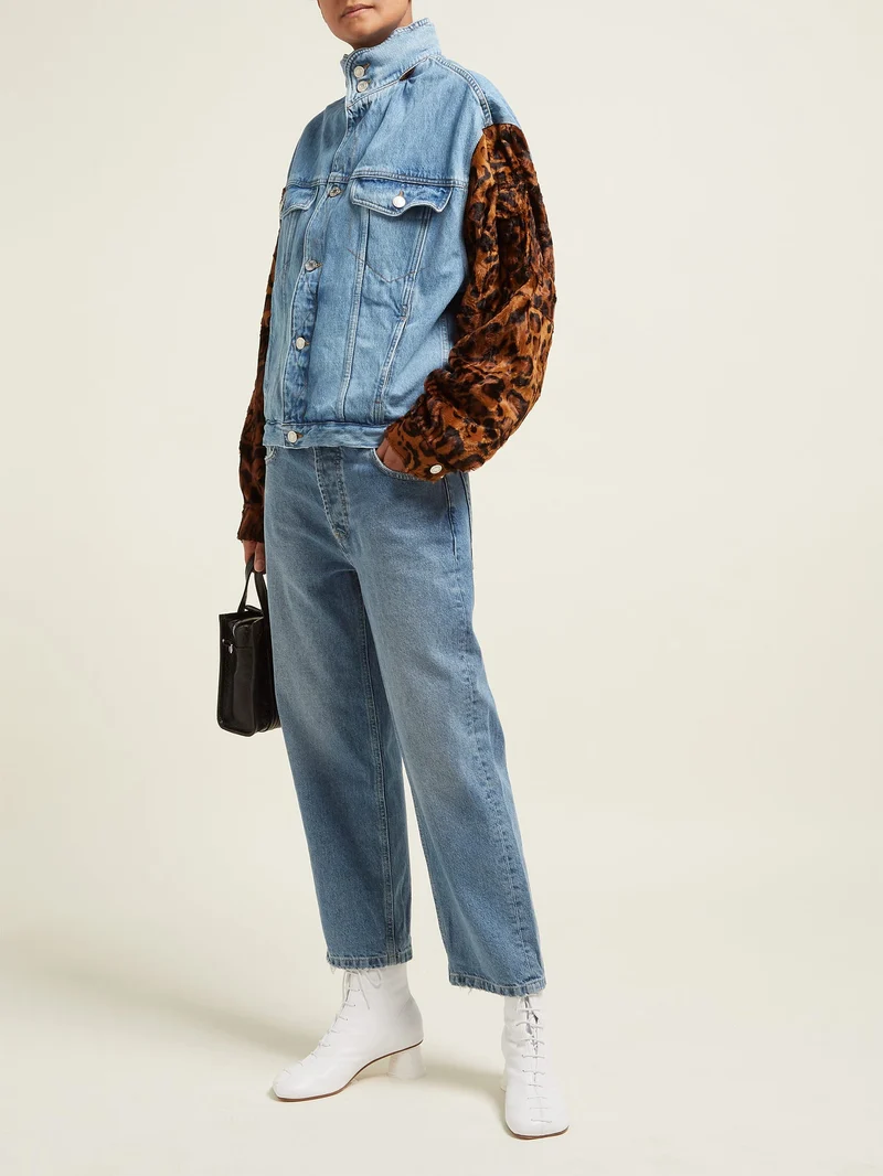 Leopard-sleeve denim jacket