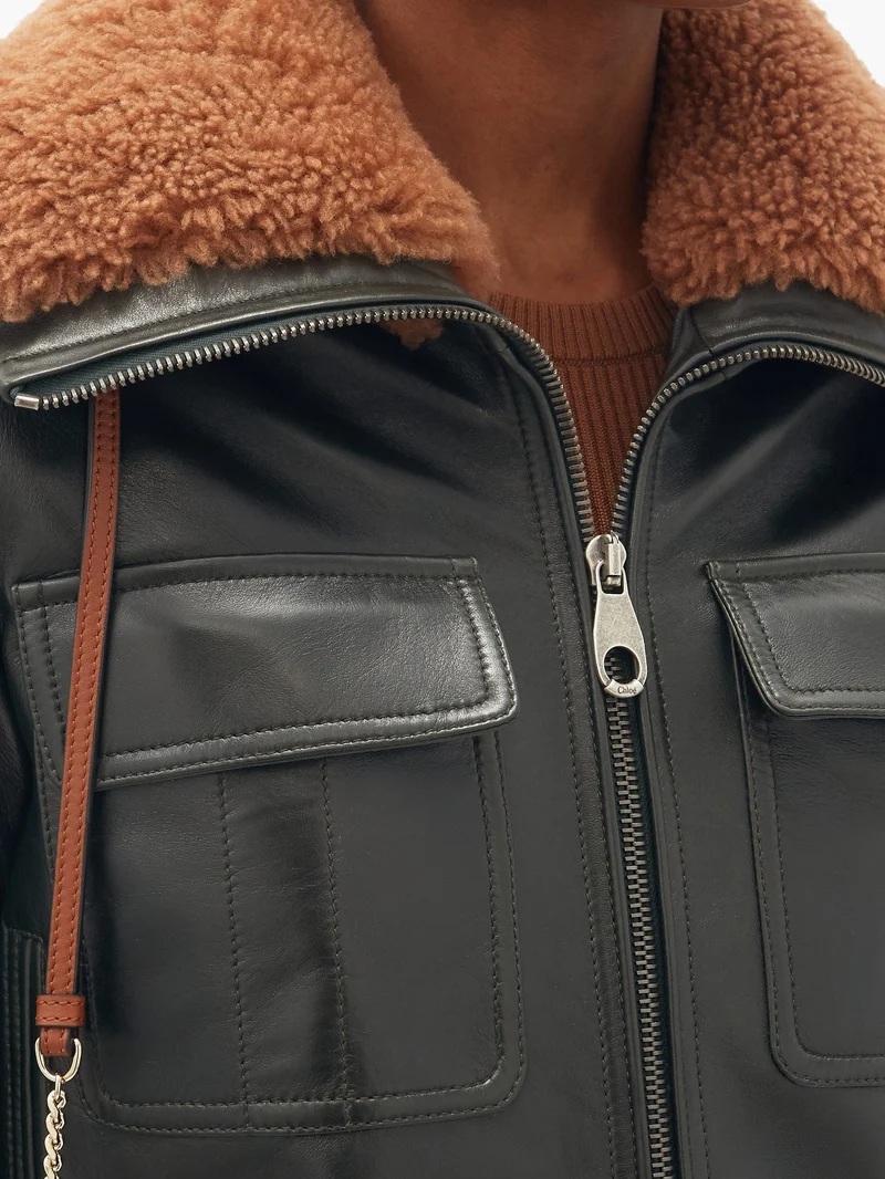 Shearling-collar leather bomber jacket