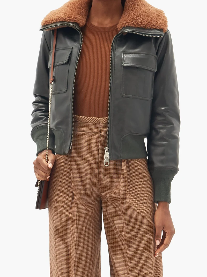 Shearling-collar leather bomber jacket