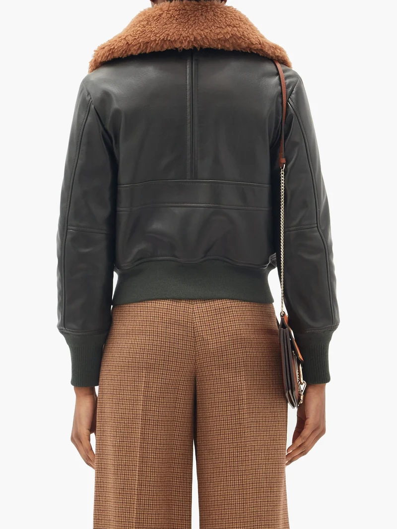 Shearling-collar leather bomber jacket