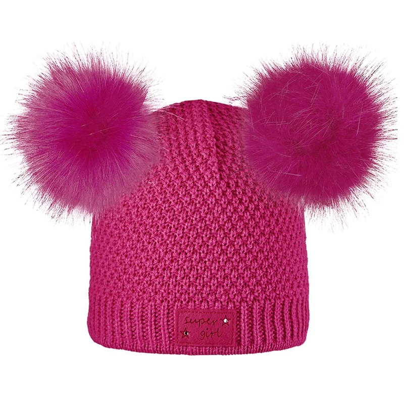 ARECO Kinder Pudelmütze Juniors DUO 7447 Girls Mütze Bommelmütze Doppelpudel