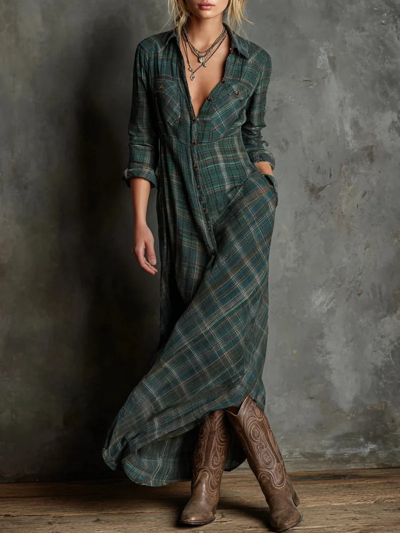 Devine™ - Langes Kleid mit Grünem Karomuster