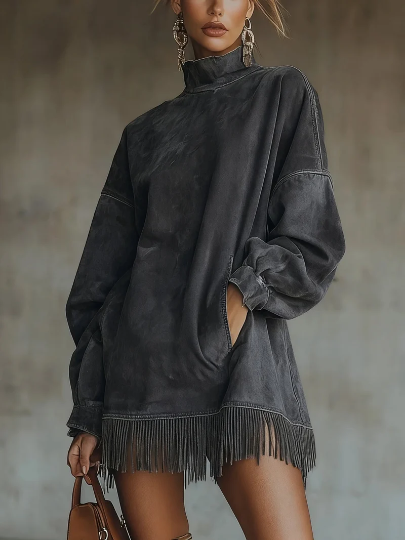 Janine™ - Langärmeliges Minikleid mit Fransen