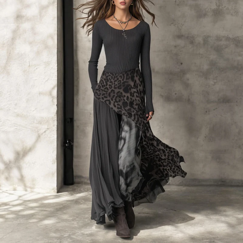 NKEM™ | Elegantes Maxikleid mit Stilvollem Leopardenmuster und Fließendem Design