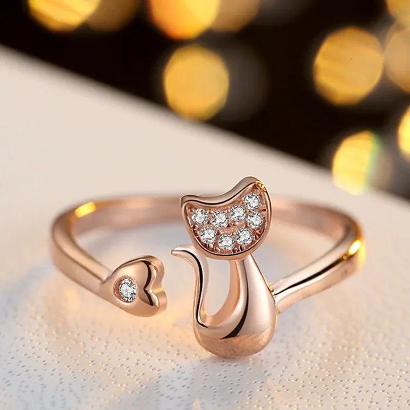 Offener Ring mit süßer Katze – Zirkonia