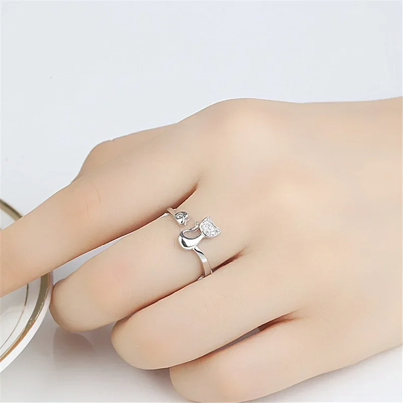 Offener Ring mit süßer Katze – Zirkonia