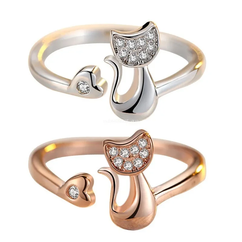 Offener Ring mit süßer Katze – Zirkonia