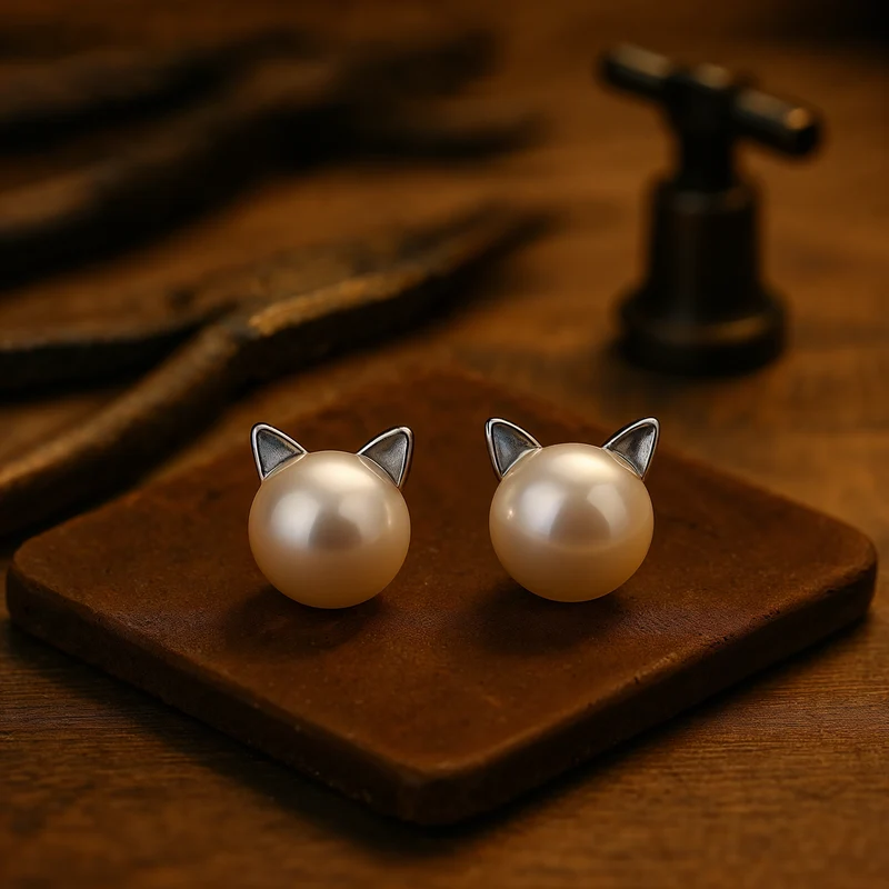 Ohrringe mit Knoten aus Sterlingsilber mit katzenförmiger Perle