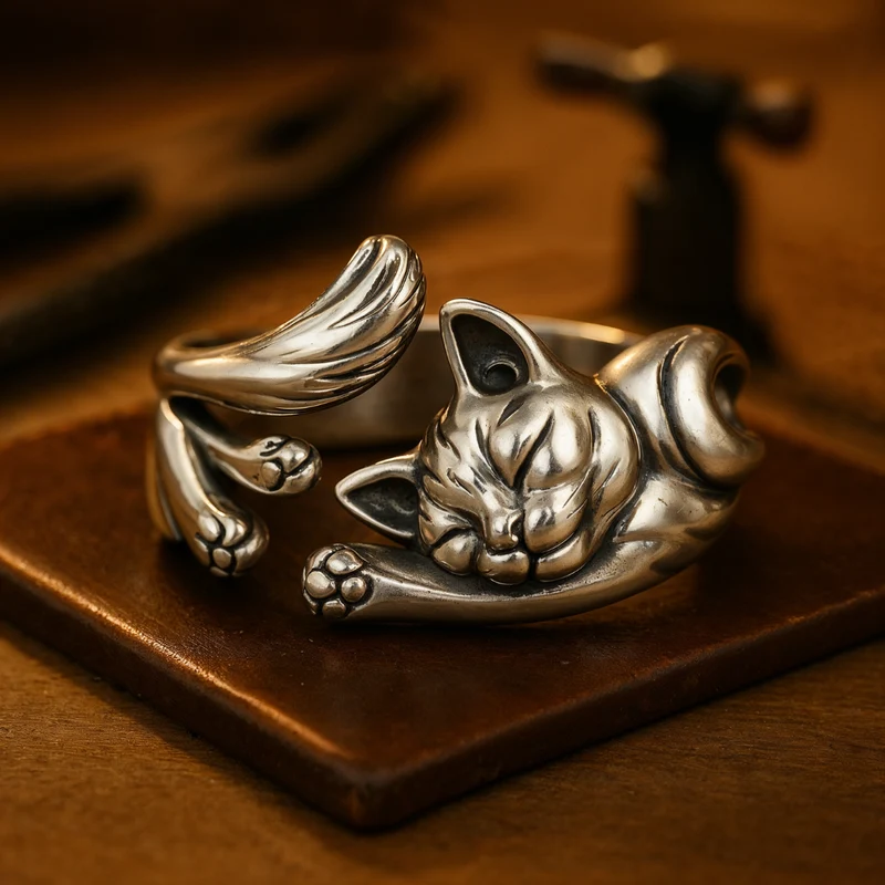 Vintage-Ring mit Katze in Silber