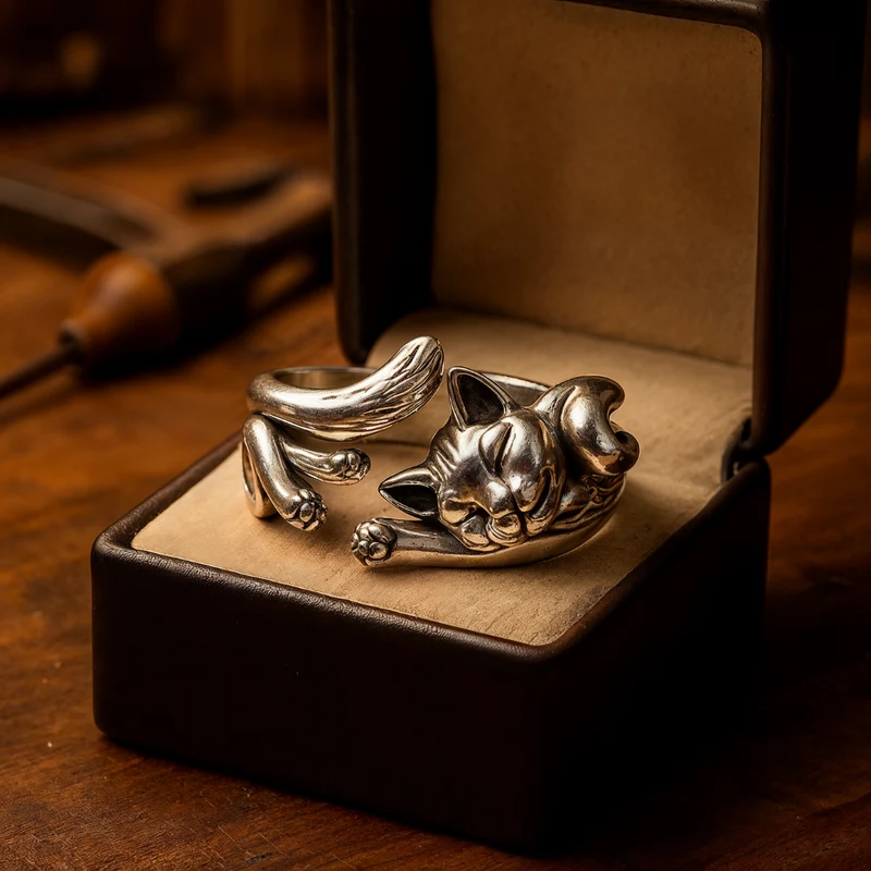 Vintage-Ring mit Katze in Silber