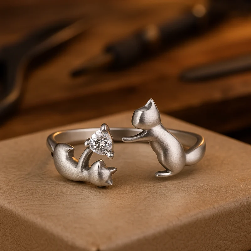 Verstellbarer Ring aus Sterling Silber mit verspielter Katze und Zirkonia