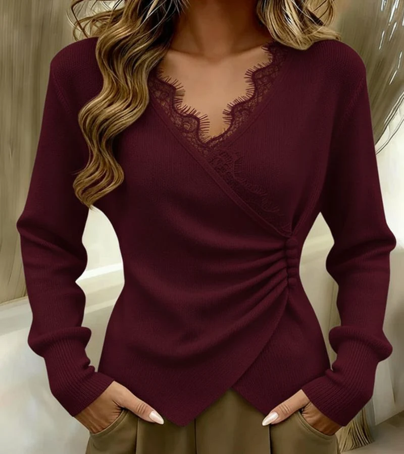 KATIA™ | Elegantes V-Ausschnitt-Top mit Spitzenakzenten für Alltag und besondere Anlässe