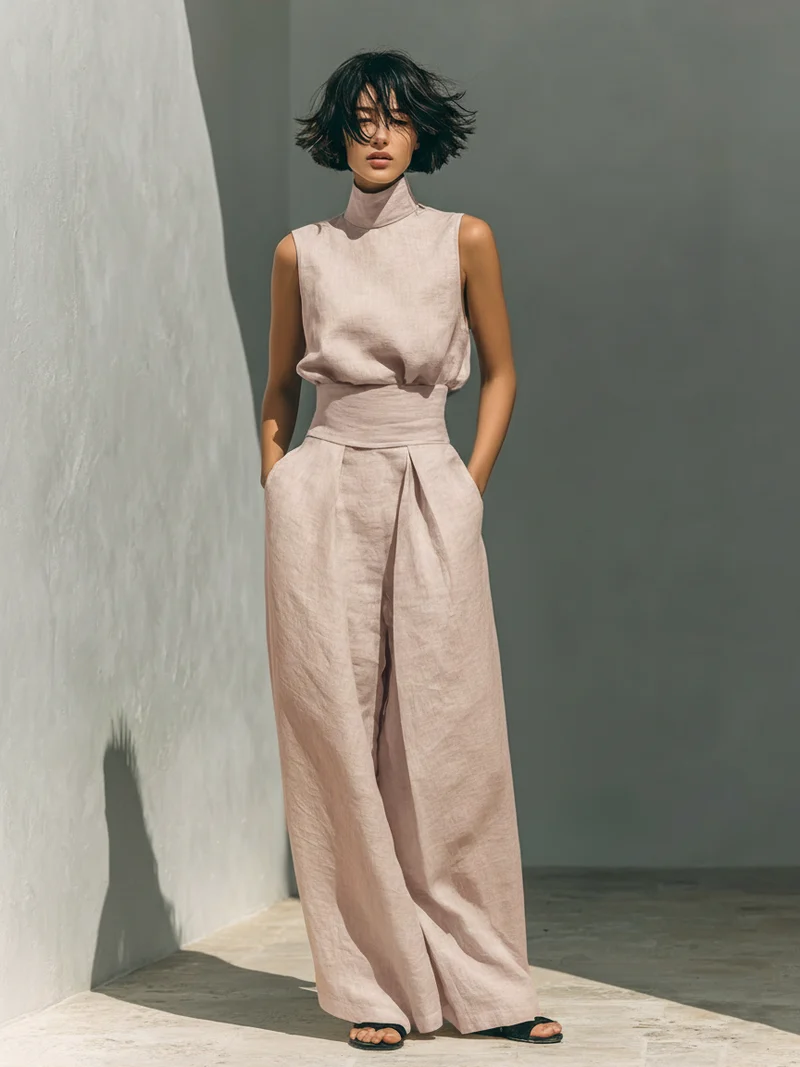 Thea – Elegantes, ärmelloses Set aus Baumwolle und Leinen für Damen