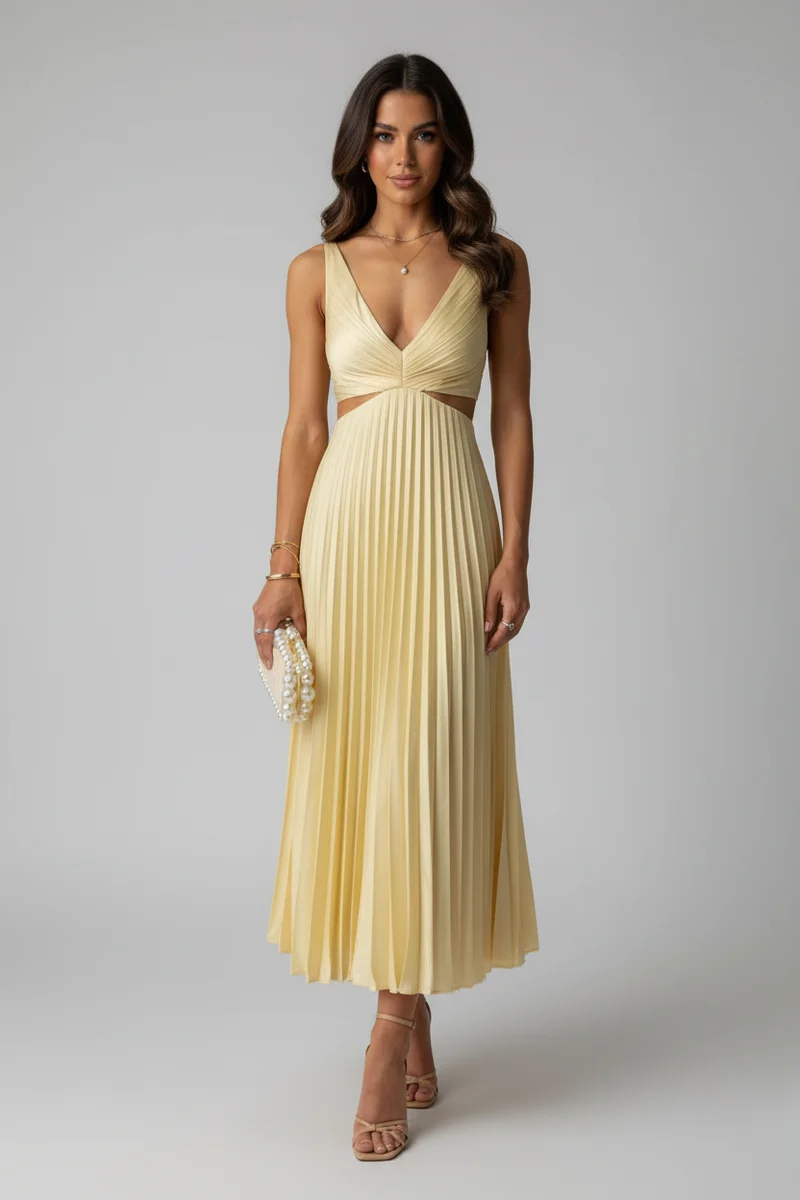 Nadine – Elegantes, plissiertes Midi-Kleid für Hochzeitsgäste