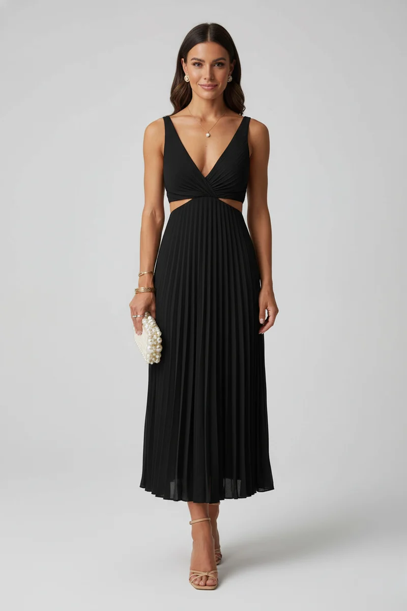 Nadine – Elegantes, plissiertes Midi-Kleid für Hochzeitsgäste