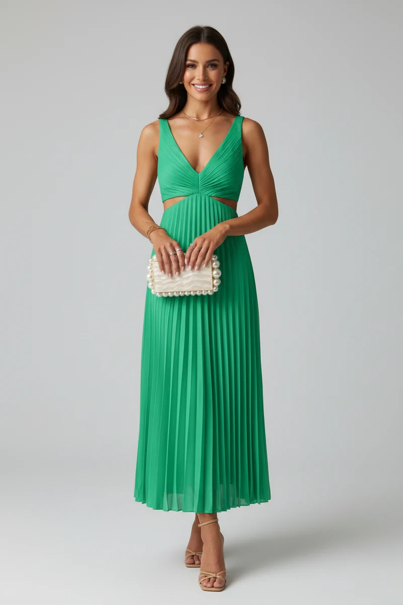 Nadine – Elegantes, plissiertes Midi-Kleid für Hochzeitsgäste