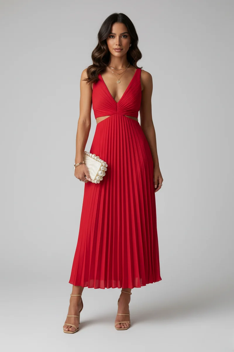 Nadine – Elegantes, plissiertes Midi-Kleid für Hochzeitsgäste