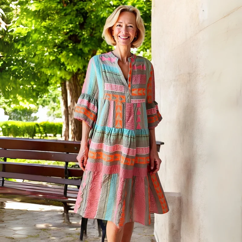 Elvira – Damenkleid aus Baumwolle und Leinen im Bohemian-Stil