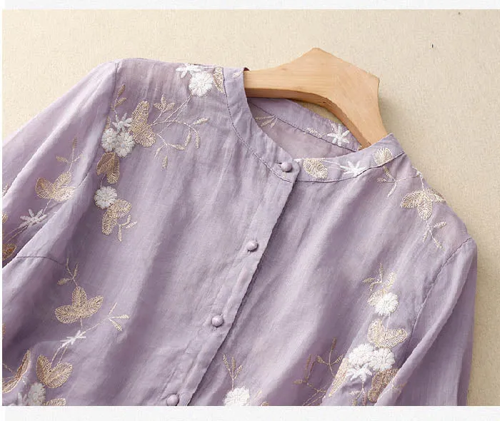 Kirsten – Damenbluse aus Baumwolle und Leinen mit Blumenmuster