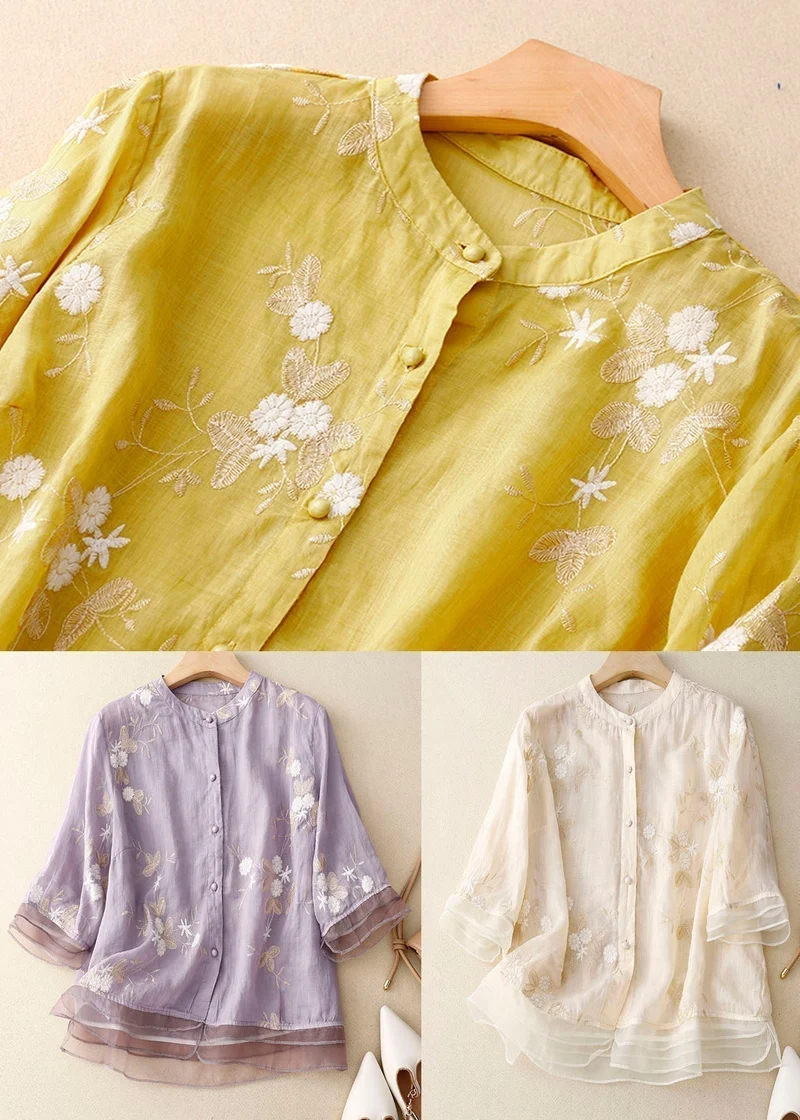Kirsten – Damenbluse aus Baumwolle und Leinen mit Blumenmuster