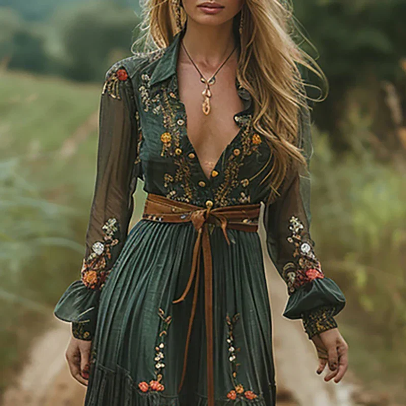 Helga – Damenkleid im Bohemian-Stil mit Blumenmuster