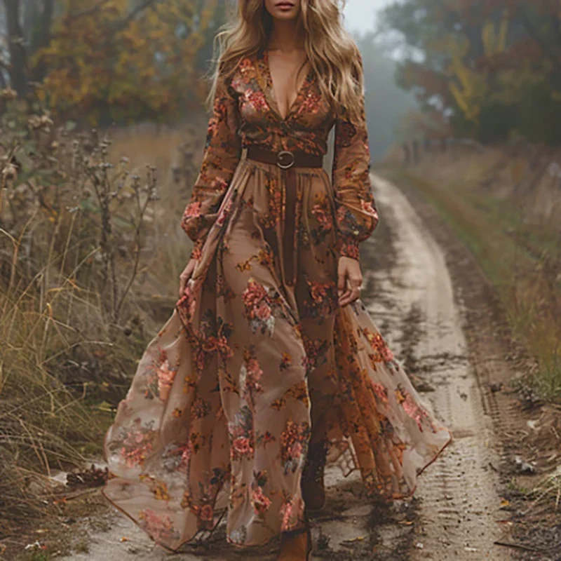 Helga – Damenkleid im Bohemian-Stil mit Blumenmuster