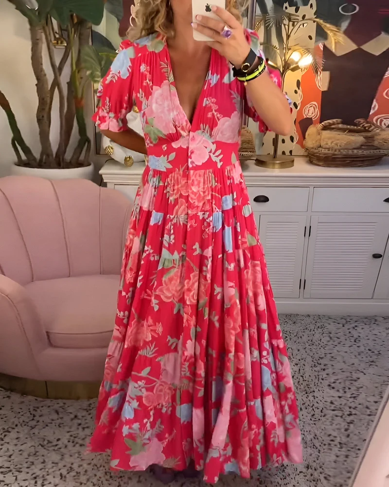 Christina – Damenkleid mit Blumenmuster, V-Ausschnitt und Taschen
