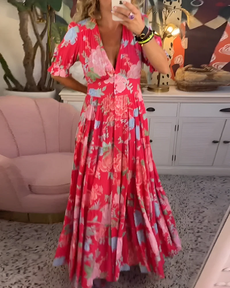 Christina – Damenkleid mit Blumenmuster, V-Ausschnitt und Taschen