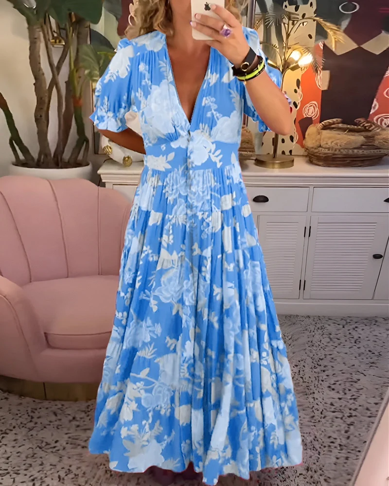 Christina – Damenkleid mit Blumenmuster, V-Ausschnitt und Taschen