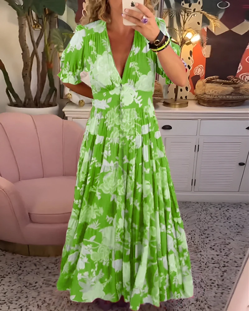 Christina – Damenkleid mit Blumenmuster, V-Ausschnitt und Taschen