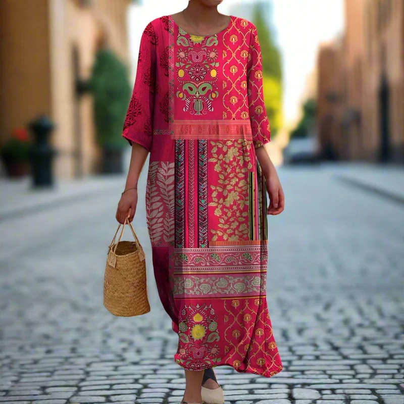 Lina – Ethnisches Damenkleid mit Blumenmuster und fließendem Schnitt