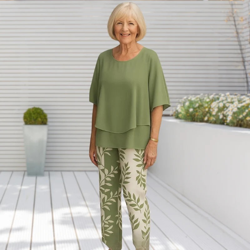 Casira™ - Lässiges Set mit gemusterter Hose und Rundhals-Oberteil für Damen
