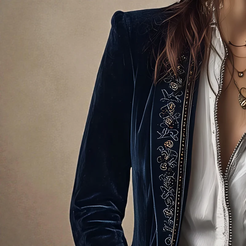 Carita™ - Lange Vintage-Jacke aus Marineblauem Samt mit Stickerei