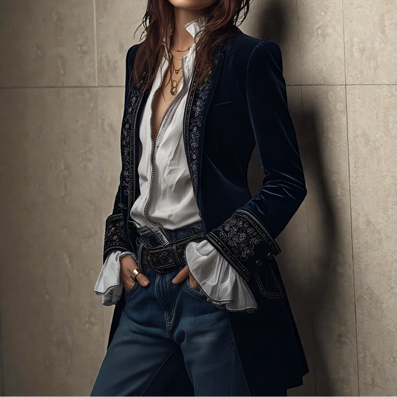 Carita™ - Lange Vintage-Jacke aus Marineblauem Samt mit Stickerei